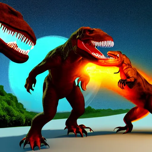 Prompt: a man punching a tyrannosaurus rex causing a nuclear explosion, 3 d, dynamic lighting, vivid imagery