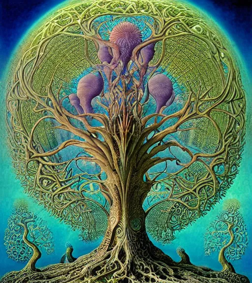 Image similar to tree of life by roger dean and andrew ferez, art forms of nature by ernst haeckel, divine chaos engine, symbolist, visionary, art nouveau, botanical fractal structures, organic, detailed, realistic, surreality