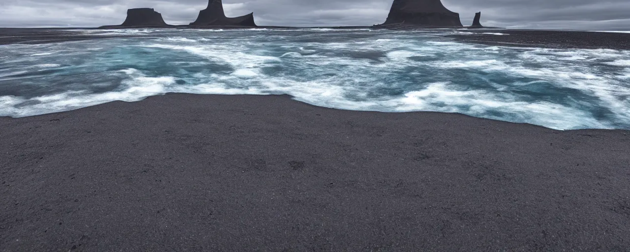 Image similar to low angle cinematic shot of giant futuristic mech in the middle of an endless black sand beach in iceland with icebergs in the distance,, 2 8 mm