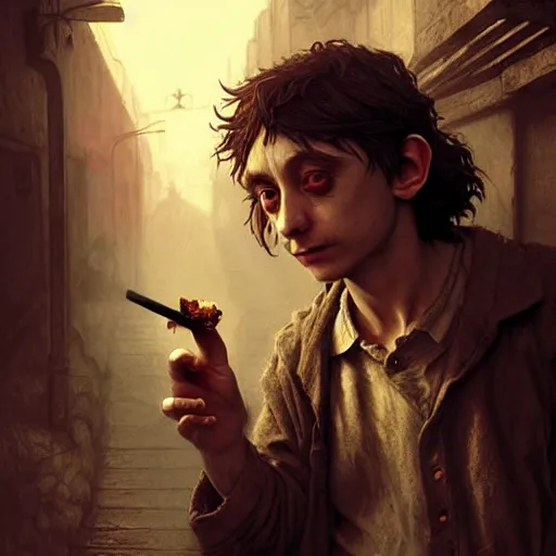 Image similar to Drug addict hobbit with crazy eyes smoking in a dark alley, ultra realistic, concept art, intricate details, dark, highly detailed, photorealistic, octane render, 8k, unreal engine, art by artgerm and greg rutkowski and alphonse mucha