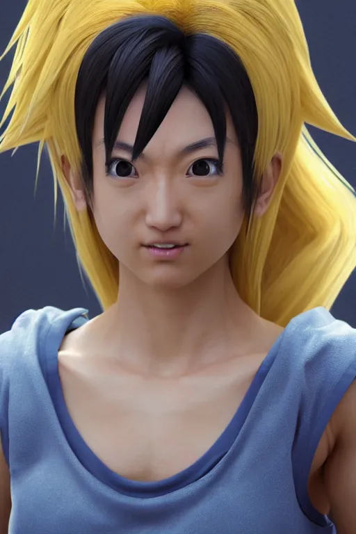 Image similar to photorealistic high resolution 3d render of kawaii female goku, unreal engine 5, trending on artstation, volumetric lighting, subsurface scattering, highly detailed realistic human skin texture