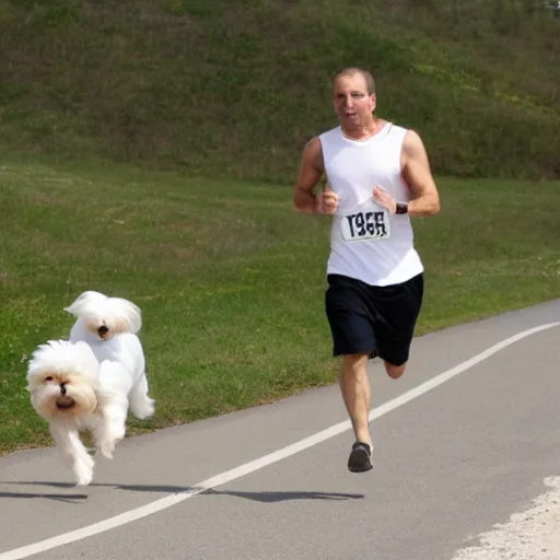 Prompt: A man running while chased by a Maltese dog