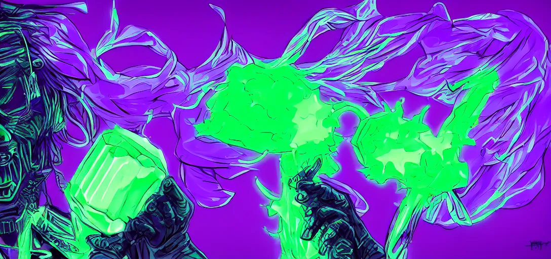 Image similar to green crystal monster exhaling violet toxic smoke, neon purple, cyberpunk, digital art, very detailed, high quality