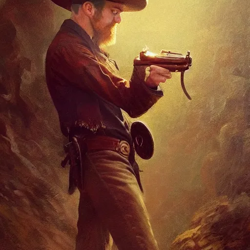 Prompt: a dramatic epic ethereal portrait of a cowboy firing his revolver while yelling, full body with dynamic pose, during archetypical Old West period, 19th century, male, detailed face, cinematic lighting, highly detailed oil on canvas painting by Greg Rutkowski, winning-award digital art trending on Artstation H 1024 W 832