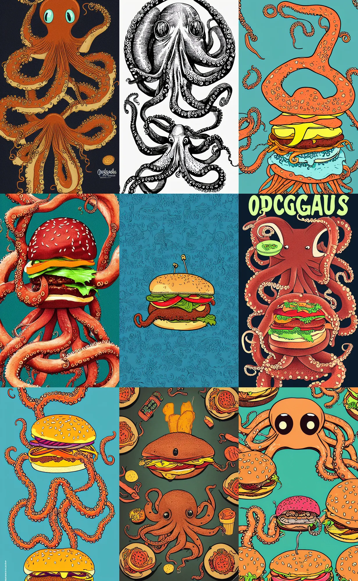 Prompt: highly detailed illustration of octopus eating a burger, symmetrical, hd, trending, silk screen