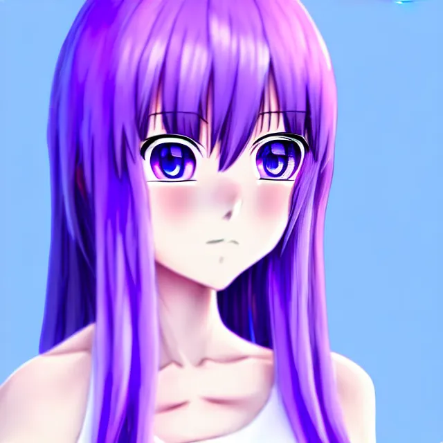 Image similar to a 3 d anime girl with lavender hair, purple eyes and white dress, profile photo, digital artwork, very beautiful face, extremely detailed