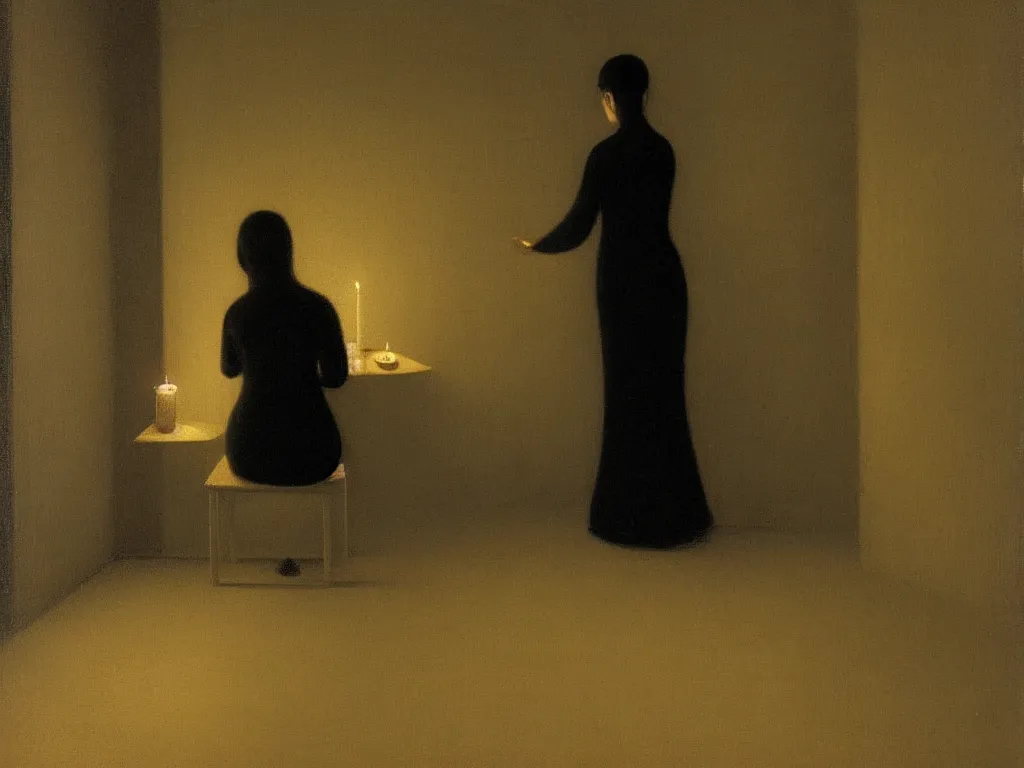 Prompt: meditative interior at night with candle. Vilhelm Hammershøi