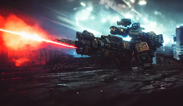 Prompt: an armored core v by liam wong, booster flares, legs, laser rifles, karst landscape, outdoor, dark blue sky, cloud, wilderness ground, golden time, twilight ; wide shot, digital painting, photoreal, cinematic contrast, dynamic backlighting, sharp edge, motion blur