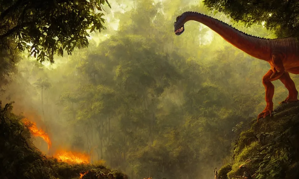 Prompt: a detailed painting of a fire-breathing dinosaur in the jungle, by James Gurney and Greg Rutkowski