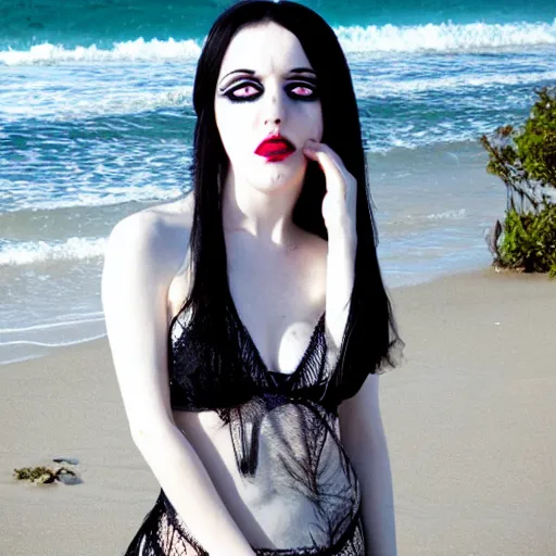 Image similar to pale goth girl with black hair annoyed on the beach