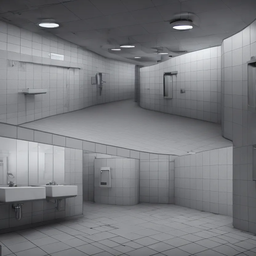 Prompt: an infinite public restroom with endless stalls and endless sinks fading into the distance, cinematic lighting, volumetric lighting, award winning photography, highly detailed, intricate, sharp focus, 4 k wallpaper, unreal engine, 9 0 mm, f / 1. 4