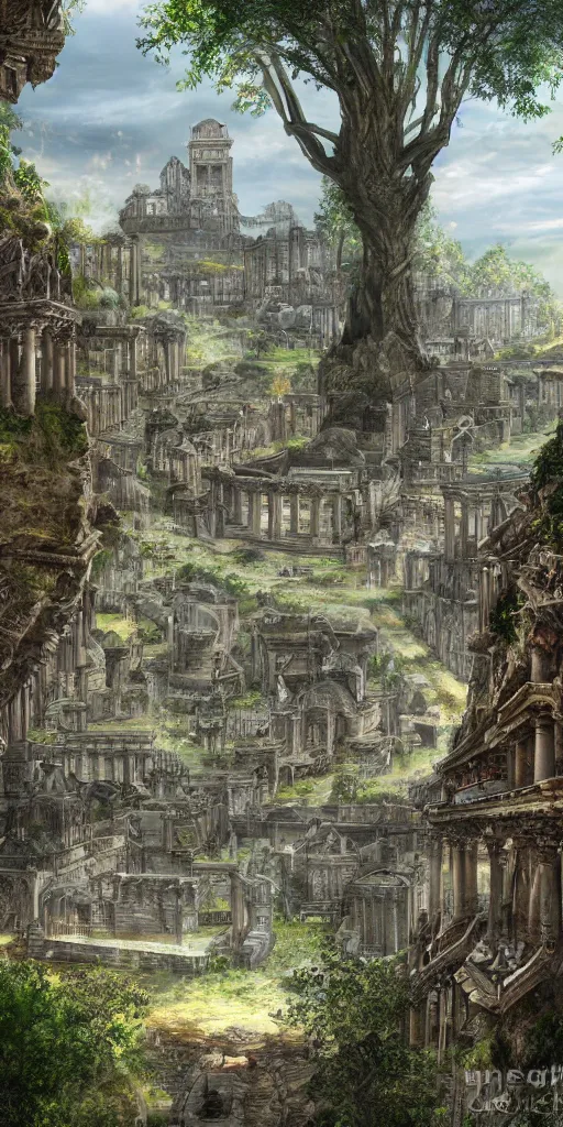Prompt: sprawling roman city built at the base of a towering tree, wide shot, digital art, detailed, fantasy, elden ring