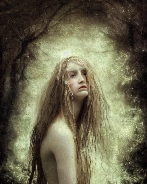 Prompt: a beautiful and eerie baroque painting of a gorgeous young woman in silent hill, with wild hair and haunted eyes, 1 9 7 0 s, woodland, afternoon light, delicate ex embellishments, painterly