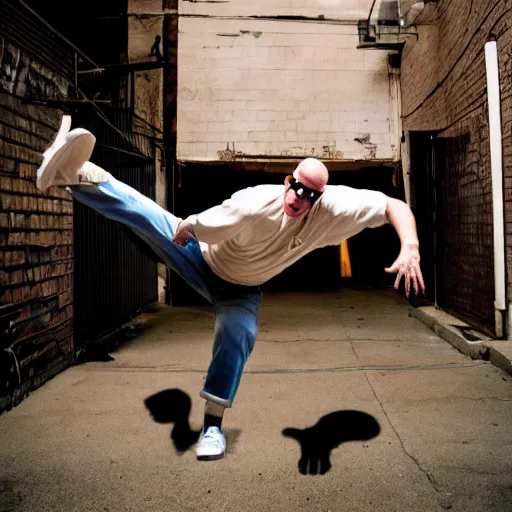 Prompt: Hank Hill breakdancing in a dark alley