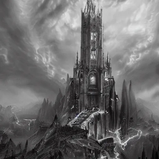 Image similar to an ultra detailed black and white matte painting of a lonely and impossibly tall ominous gothic dark citadel tower of the evil patriarch, in the style of magic the gathering, in a river elevated high above the city, flintlock fantasy capital city, ultrawide lense, aerial photography, scary thunderstorm, exquisite detail, 8 k, art by greg rutkowski and alphonse mucha