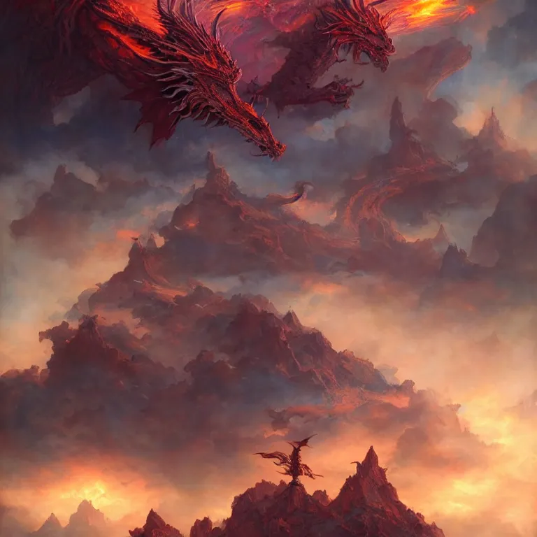 Prompt: dragon, fire, floating city on clouds, by wayne barlowe, peter mohrbacher, kelly mckernan, epic scene, 4 k, fantasy, colorful, environment, highly detailed, video game