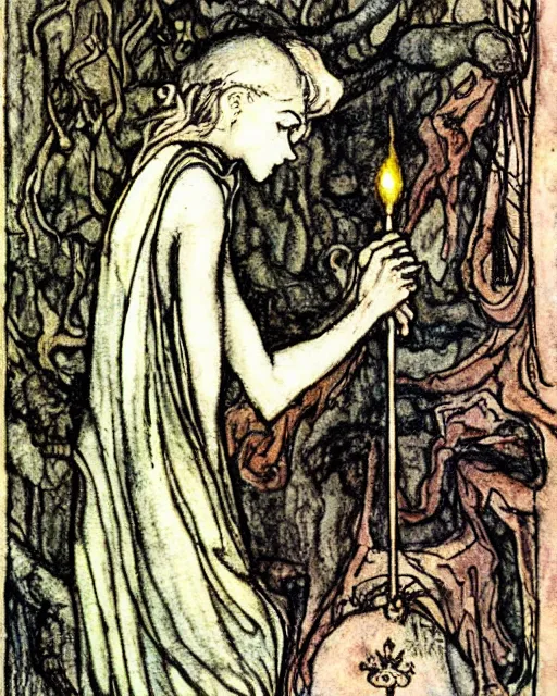 Image similar to tarot card detailed painting, illustration, tarot card framing with roman numbers, in style of Arthur Rackham