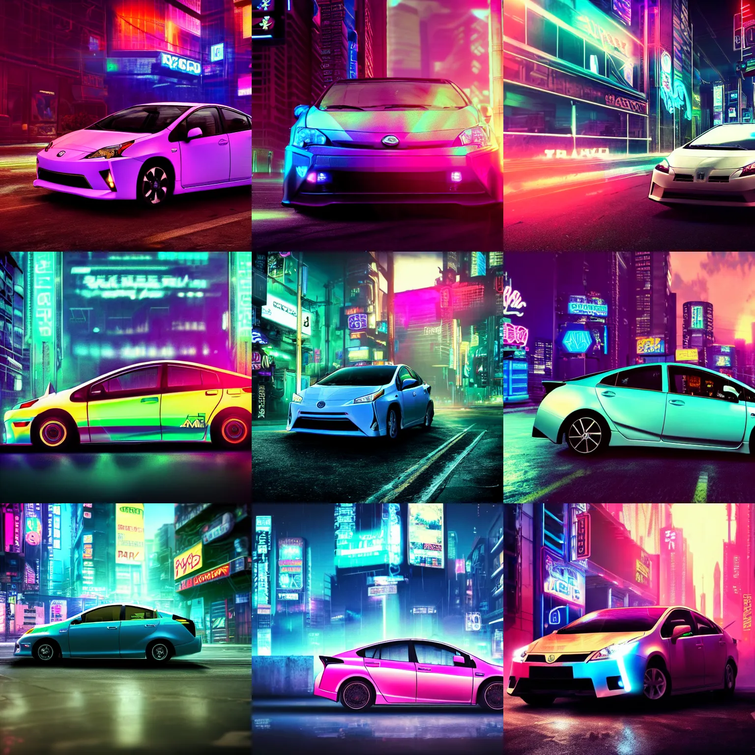 Prompt: high quality photo of a prius in a cyberpunk cyberpunk cyberpunk city, neon lights, realism, 8k, award winning photo, no water