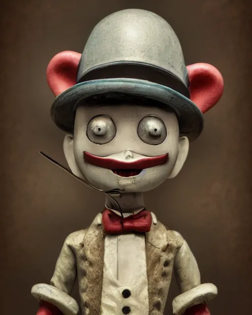 Prompt: highly detailed closeup, face profile portrait of a tin toy jack the ripper, depth of field, fashion photoshoot by nicoletta ceccoli, mark ryden, lostfish, dan decarlo, bob clampett, max fleischer, breathtaking, detailed and intricate environment, 8 k resolution, hyperrealistic, octane render