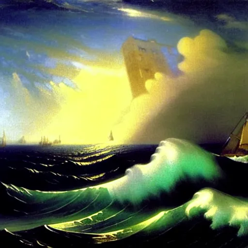 Prompt: huge ocean wave destroys numenor, by aivazovsky