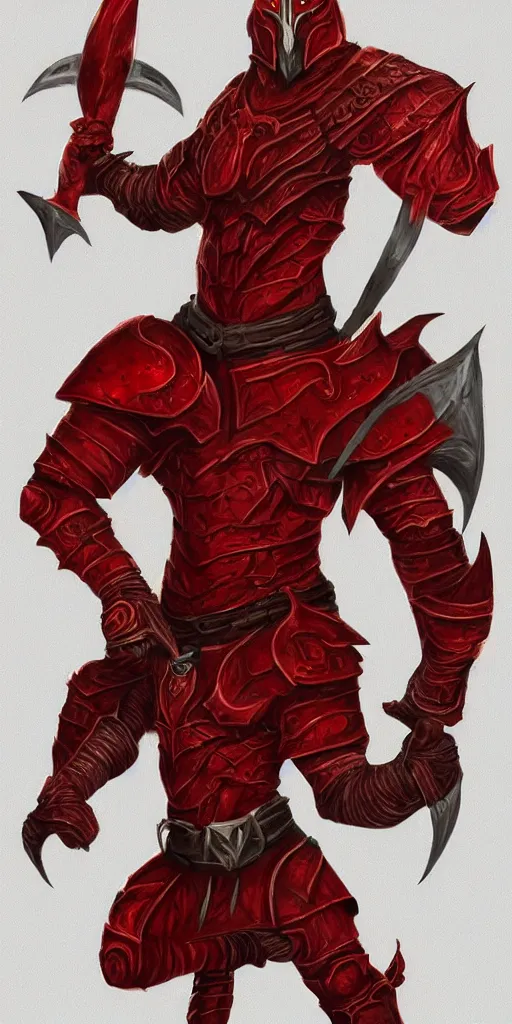 Prompt: red scaled male dragonborn wearing rogue outfit, muscular, wielding two daggers, fantasy, digital painting, cell shading, sharp, smooth focus