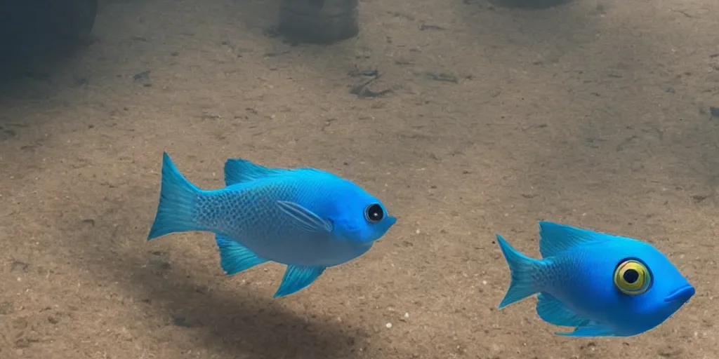 Image similar to low - angle medium shot of an steampunk tetrapod blue tang fish from the future on its first day of driver's ed learning to parallel park. 8 k, 4 k, hq, 3 d render, digital art, dramatic lighting, comedy, science fiction, hyper realistic, ultra detailed. style of arrival, fifth element.