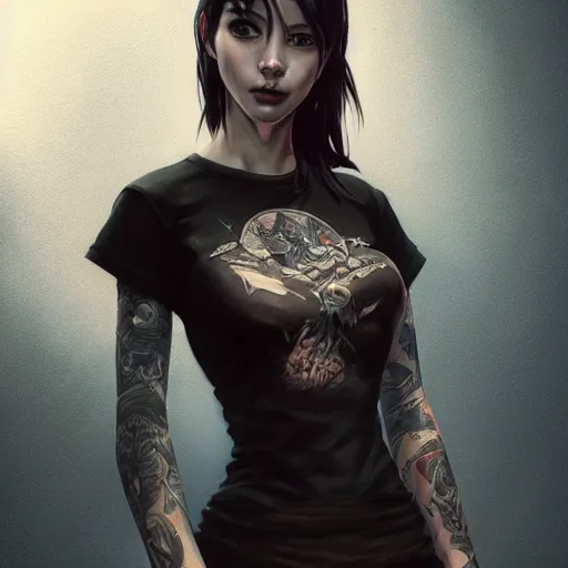 Prompt: captivating bar maid, tattoos, black t - shirt, black skirt, detailed portrait, intricate complexity, by greg rutkowski, artgerm, ross tran, conrad roset, takato yomamoto, ilya kuvshinov. 4 k, beautiful, cinematic dramatic atmosphere