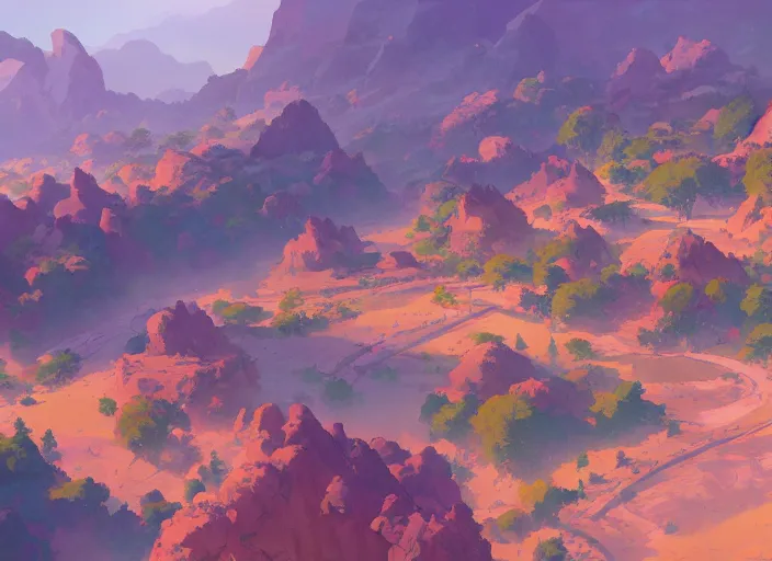 Image similar to concept art painting of a distant village in a valley seen from above, early morning, cel shaded, by makoto shinkai and moebius and anton fadeev and james gurney