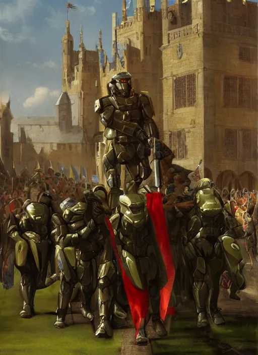 Image similar to halo master chief in a medieval royal procession by wlop and kev walker and edmund blair leighton and daniel f. gerhartz