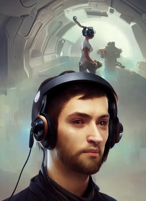 Image similar to man wearing futuristic headset, AR, VR, human computer, VR headset, digital art from artstation by Ruan Jia and Mandy Jurgens and Artgerm and william-adolphe bouguereau