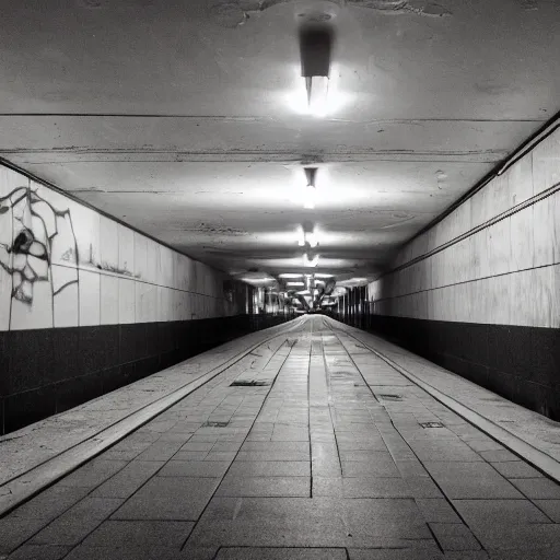 Prompt: A creepy liminal subway station at night