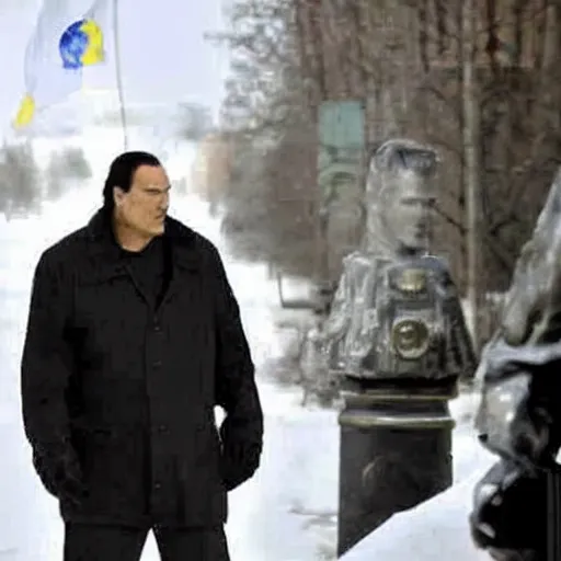 Prompt: steven seagal appears in ukraine, serving as a russian spokesperson, movie still, action pose