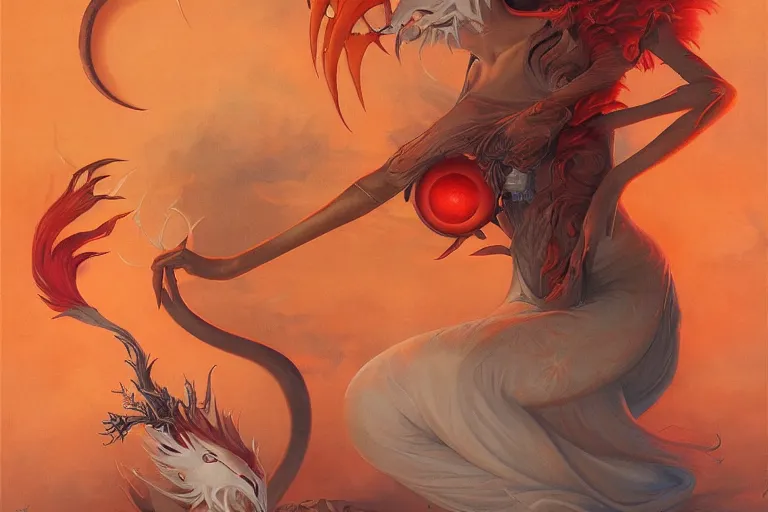 Prompt: prompt A beautiful red orange kumiho, nine fox tails, Peter Mohrbacher