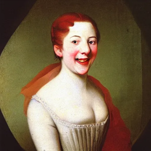 Prompt: portrait of a young woman with a happy face in the year 1730 by Enoch Seeman the Younger