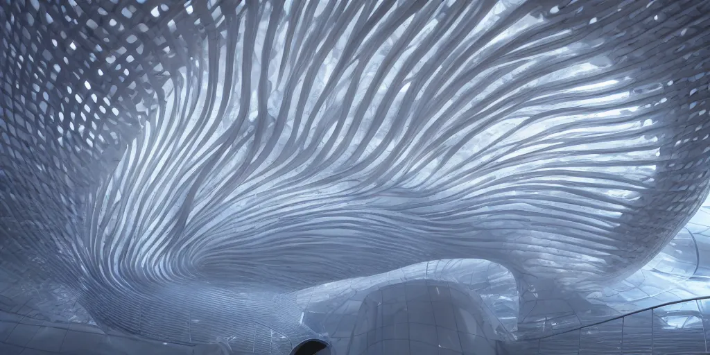 Prompt: extremely detailed awe stunning beautiful futuristic smooth curvilinear museum interior, translucent gills, 8k, 3D cinematic volumetric light, atmospheric light