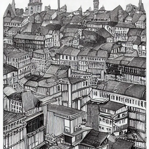 Image similar to a black and white drawing of a city, a storybook illustration by mattias adolfsson, behance contest winner, modern european ink painting, matte drawing, storybook illustration, panoramic, cityscape, minimalist