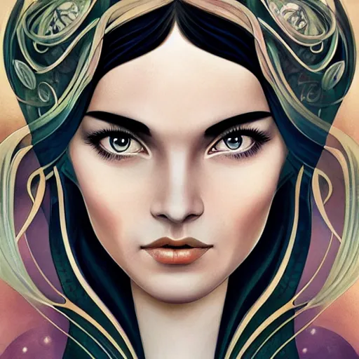 Image similar to an art nouveau, ( streamline moderne ), multi - racial portrait in the style of anna dittmann and charlie bowater and chanthara. very large, clear, expressive, and intelligent eyes. centered, ultrasharp focus, dramatic lighting, photorealistic digital matte painting, intricate symmetrical ultra detailed background.