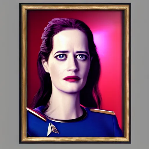 Image similar to a portrait of 3 0 year old eva green as a star fleet officer from star trek next generation, ultra rendered, extreme realism and detail, 8 k, highly detailed, realistic, completely framed, hyper realistic, colorful, direct lighting, 3 5 mm photo, photorealistic, sharp focus