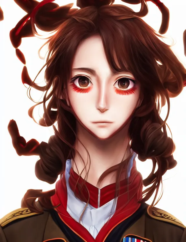 Image similar to a detailed manga portrait of a beautiful brown haired woman in a military uniform glowing with swirling red energy, trending on artstation, digital art, 4 k resolution, detailed, high quality, sharp focus, hq artwork, coherent, insane detail, character portrait