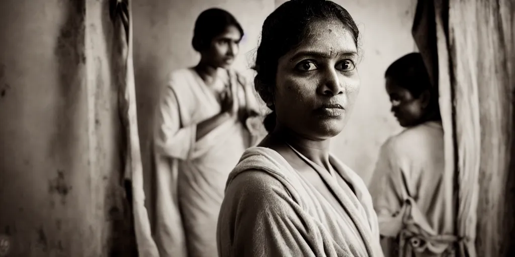 Image similar to sri lankan woman in the bathroom, wearing a bath robe, film still, psycho thriller movie style