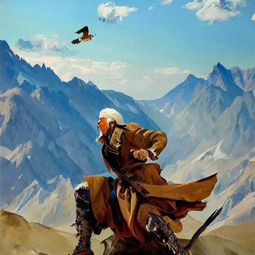 Image similar to greg manchess painting of eagle hunter sitting on the background of mountains in kyrgyzstan, medium shot, asymmetrical, organic painting, sunny day, matte painting, bold shapes, hard edges, street art, trending on artstation, by huang guangjian and gil elvgren and sachin teng