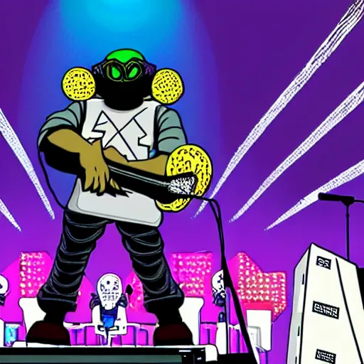 Prompt: cartoon mf doom on a stage with a full band behind him