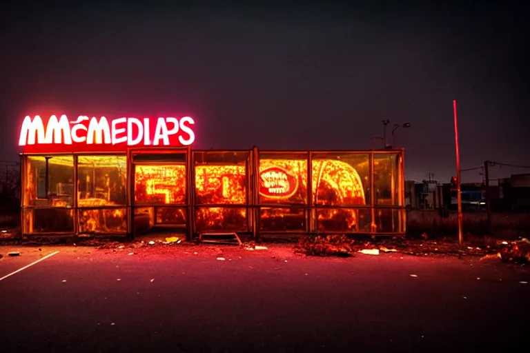 Image similar to post apocalyptic mcdonalds being used as a shelter, dystopian, fire, people huddled, night, neon sign, rust