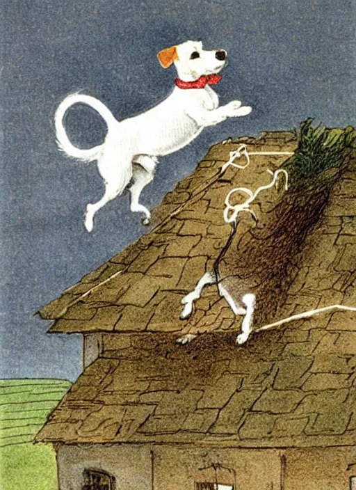 Prompt: jack russel terrier jumping from the ground over a small house, illustrated by peggy fortnum and beatrix potter and sir john tenniel