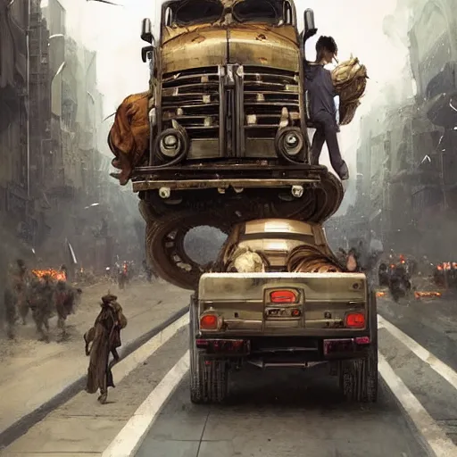 Image similar to a highly detailed epic cinematic concept art CG render digital painting artwork: the back of a steampunk truck in motion. girl in grey hoodie catches a ride on the back of a truck. By Greg Rutkowski, Ilya Kuvshinov, WLOP, Stanley Artgerm Lau, Ruan Jia and Fenghua Zhong, trending on ArtStation, made in Maya, Blender and Photoshop, octane render, excellent composition, cinematic atmosphere, dynamic dramatic cinematic lighting, aesthetic, very inspirational, arthouse
