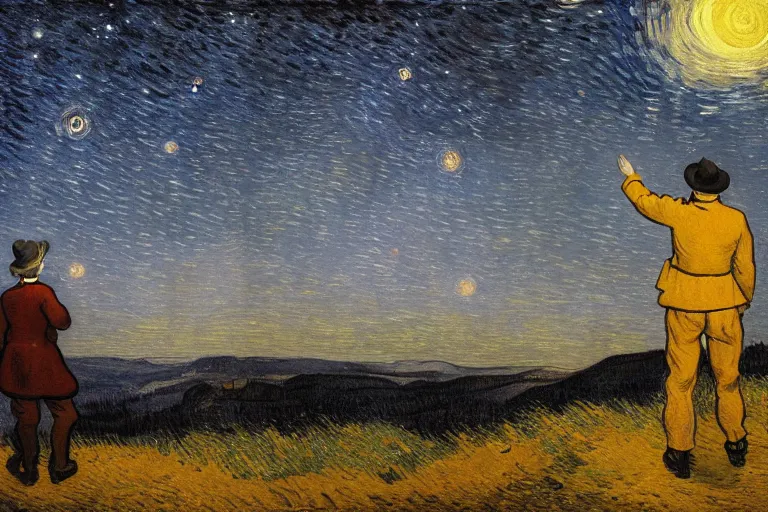 Image similar to a person looking at the night sky with clouds and stars, colorful, beautiful, national geographic, ultradetailed, 4k, astrophotography, cinematic lighting, oil painting, canvas, Theodor Kittelsen, Vincent van Gogh