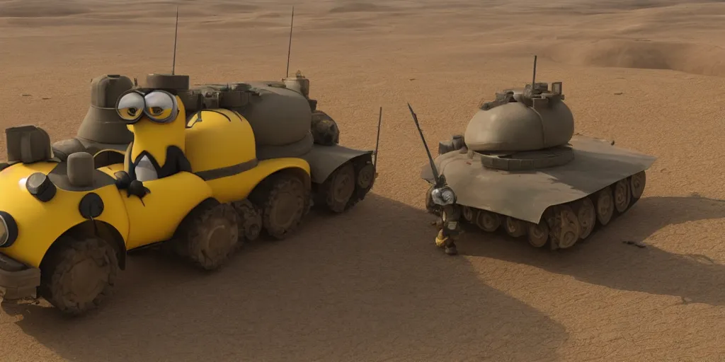 Prompt: a minion sitting on a tank in the desert, gulf war, afghanistan, middle east, award winning photo, angular, unreal engine 5 highly rendered, global illumination, detailed and intricate