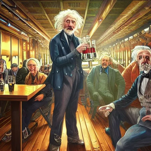 Prompt: Full colour render of albert einstein and nikola tesla brinking beer in a bierhall.. 4K award winning photorealistic concept art. smooth, sharp focus, illustration, dark cyberpunk, dystopian, sythwave, neon art by artgerm and moebius and alphonse mucha