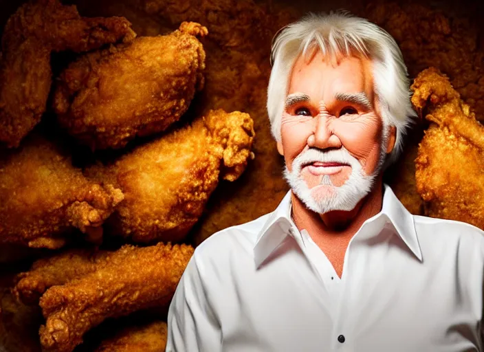 Image similar to photo still of kenny rogers in a fried chicken pit!!!!!!!! at age 4 6 years old 4 6 years of age!!!!!!!! hiding from parents, 8 k, 8 5 mm f 1. 8, studio lighting, rim light, right side key light