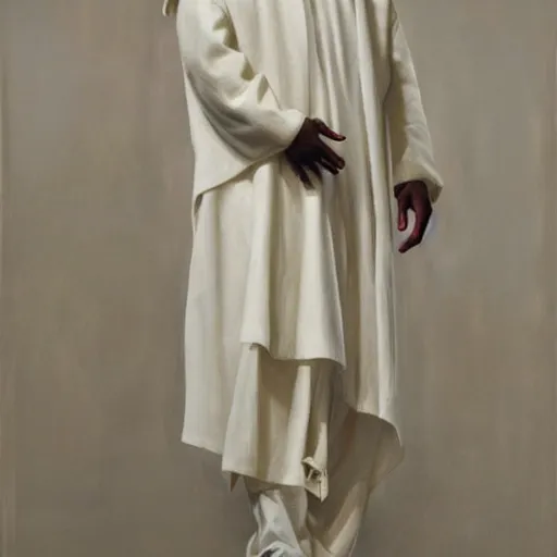 Prompt: a full body lookbook portrait of modern - day jesus wearing cream yeezy and fear of god menswear collection by nicola samori, detailed, oil painting, hyper - realistic, 8 k, yeezy collection